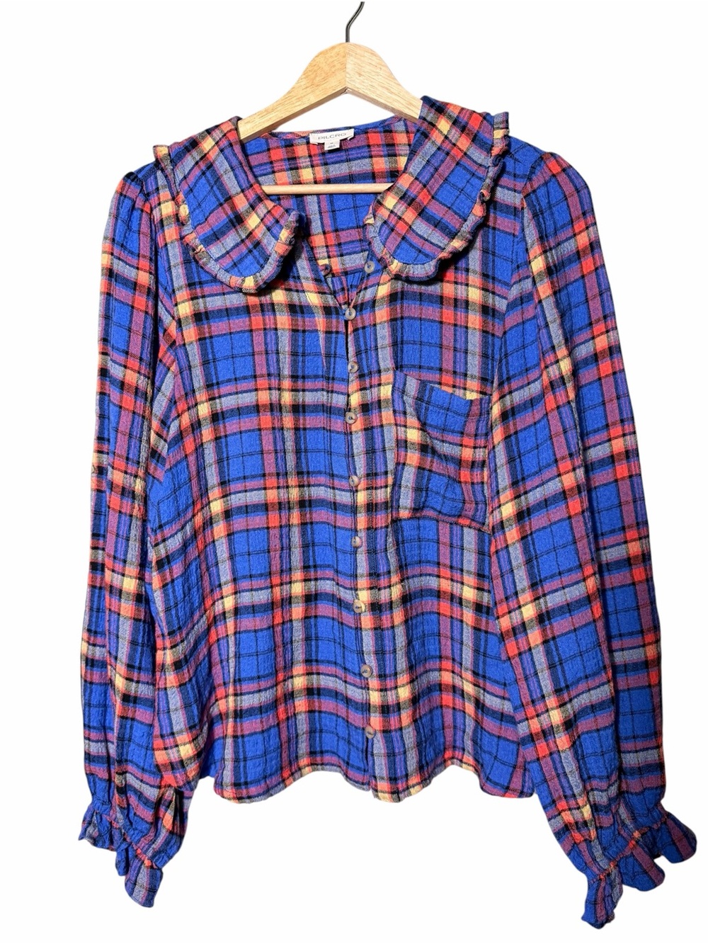 Pilcro Blue Plaid Button-Down Top with Ruffled Collar